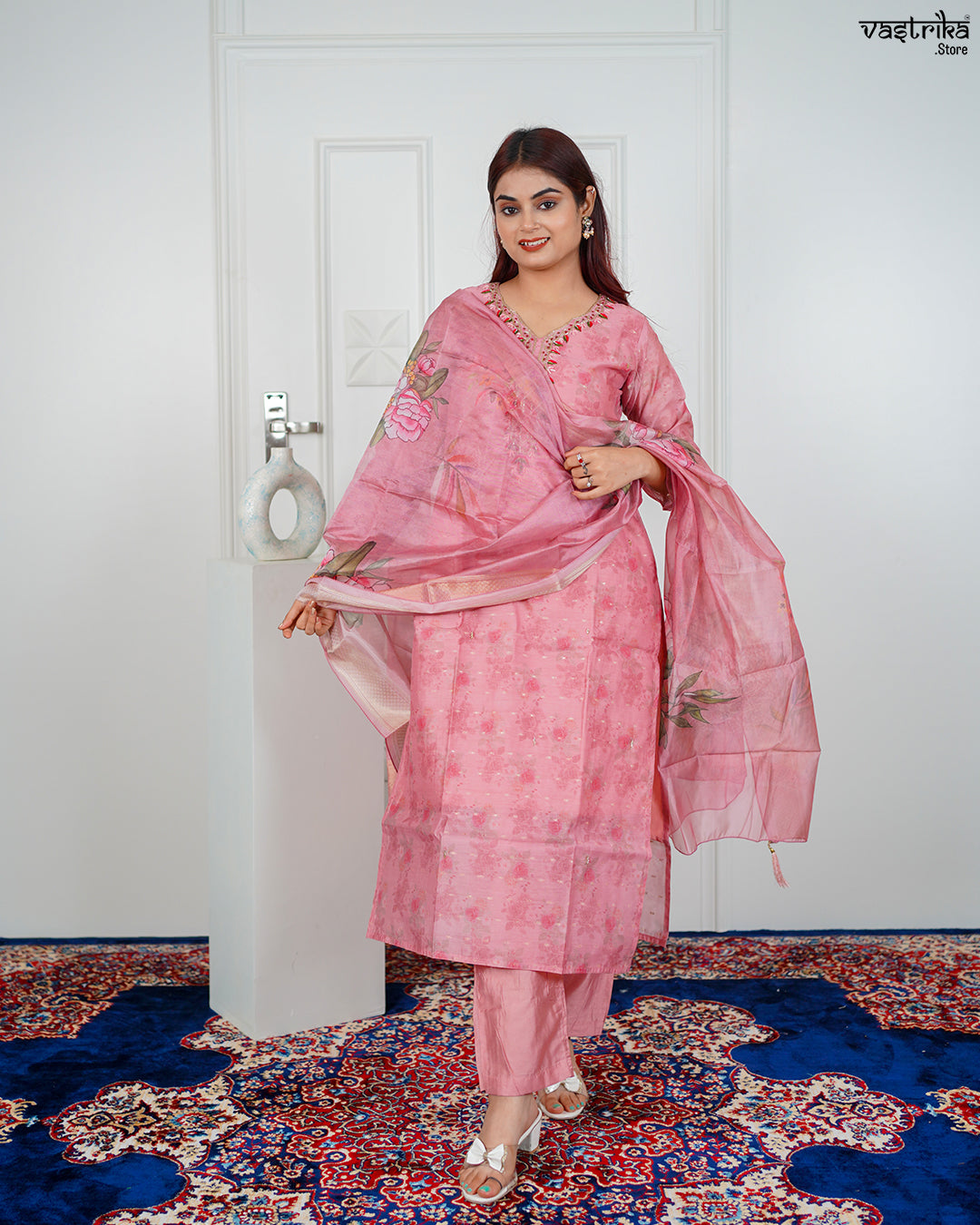 Gajri Chanderi Silk Kurti Set with Banarasi Printed Dupatta