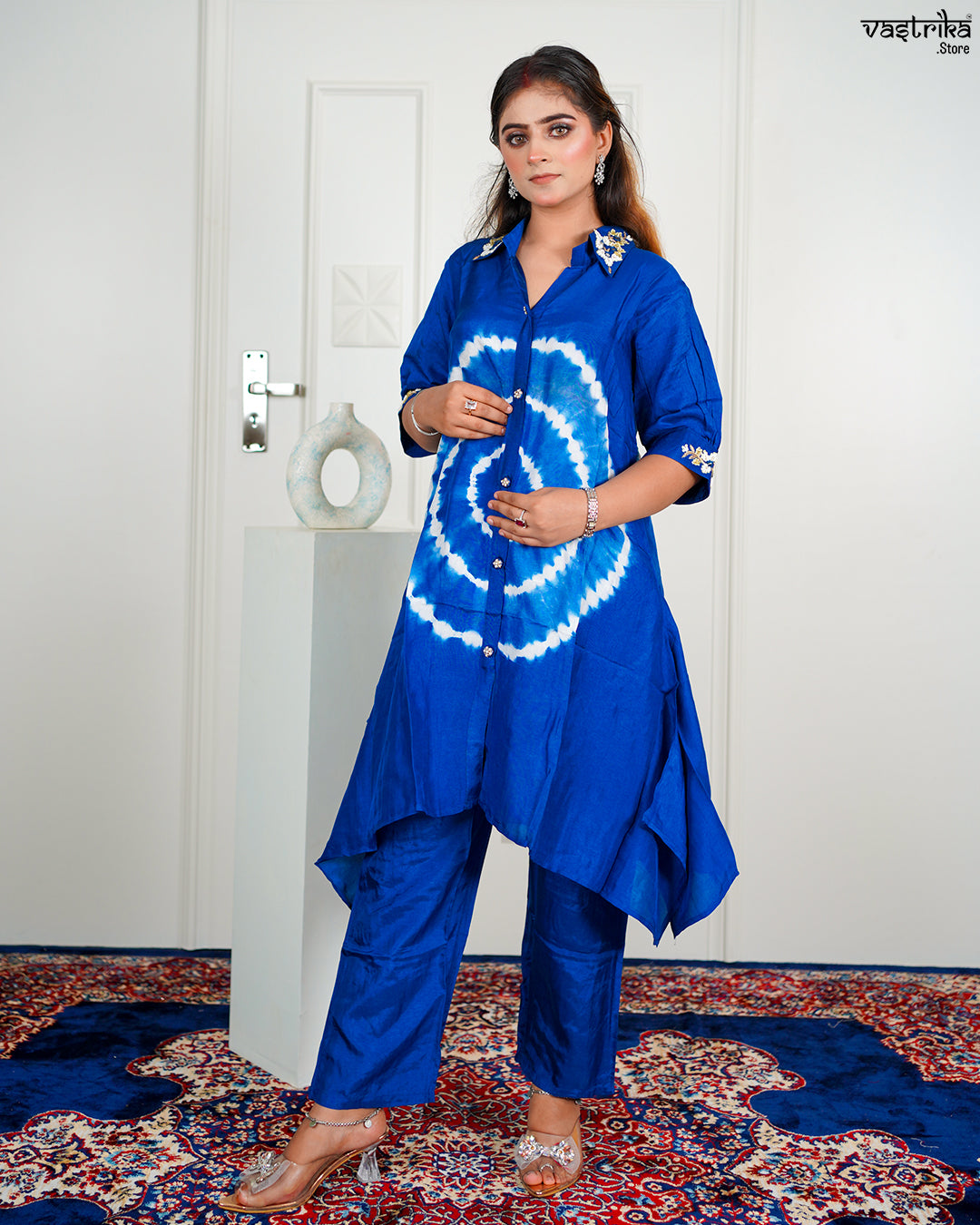 Blue Masleen Coord Set with Handwork