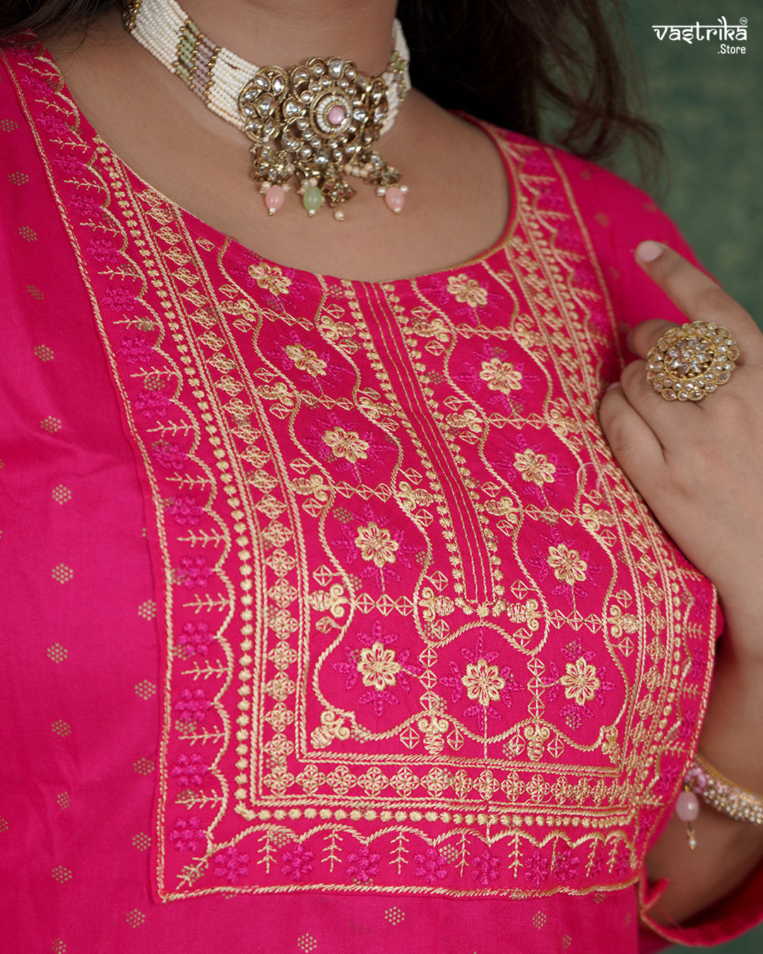 Resham & Thread Work Kurti Set with Block Print Pants