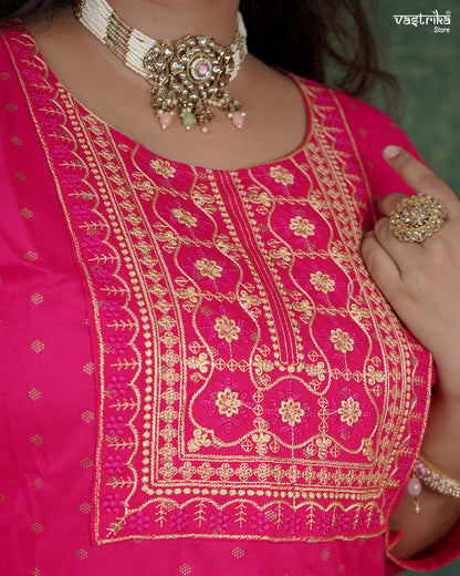 Resham & Thread Work Kurti Set with Block Print Pants