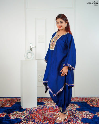 Blue Roman Silk Kurti Set with Lace Detailing