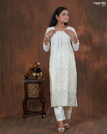 Cotton Kurti Set with Handwork & Sequins with Chiffon Dupatta