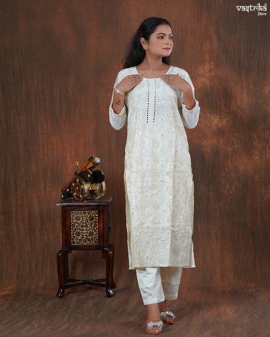 Cotton Kurti Set with Handwork & Sequins with Chiffon Dupatta