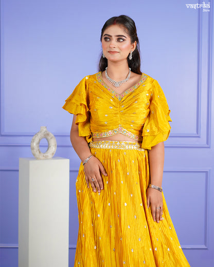 Mustard Chinon Crop Top with Skirt Set