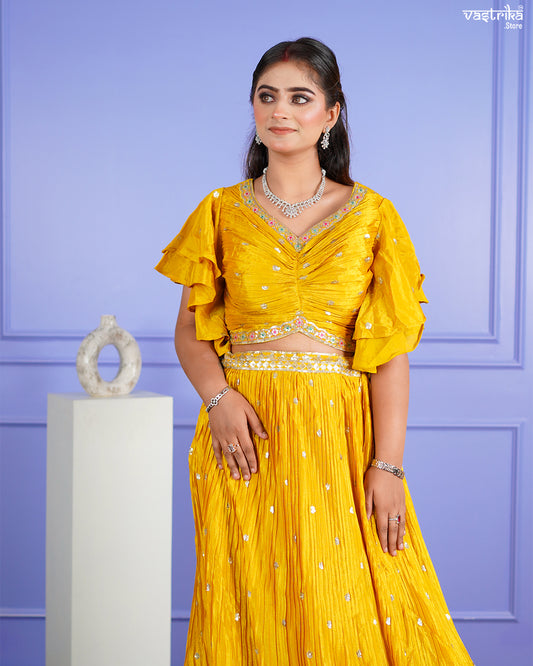 Mustard Chinon Crop Top with Skirt Set