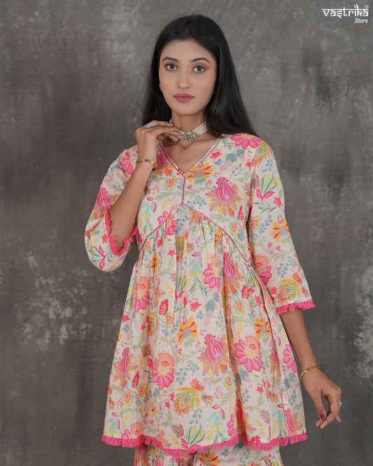 Printed V-Neck Kurti & Alia-Cut Sharara Set with Double-Shaded Dupatta