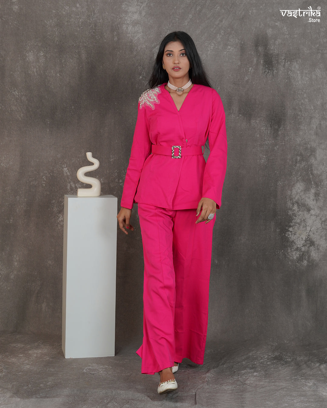 Crape Blazer-Style Cord Set with Belt & Shoulder Embellishment