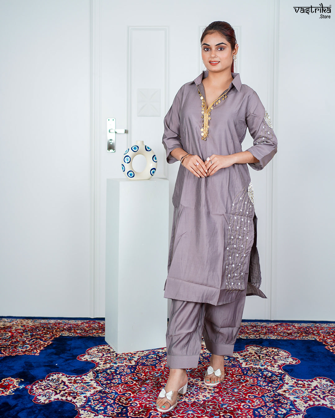 Grey Masleen Coord Set with Handwork & Sequence