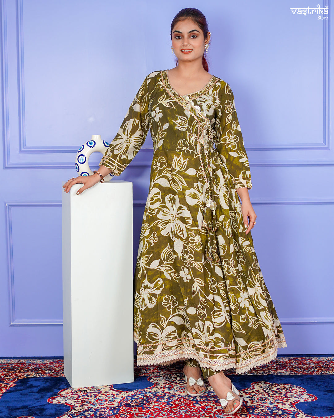 Mehndi Maslin Angrakha Frock Set with Gotti Pata Work