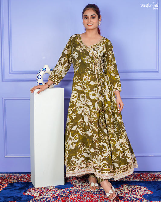 Mehndi Maslin Angrakha Frock Set with Gotti Pata Work