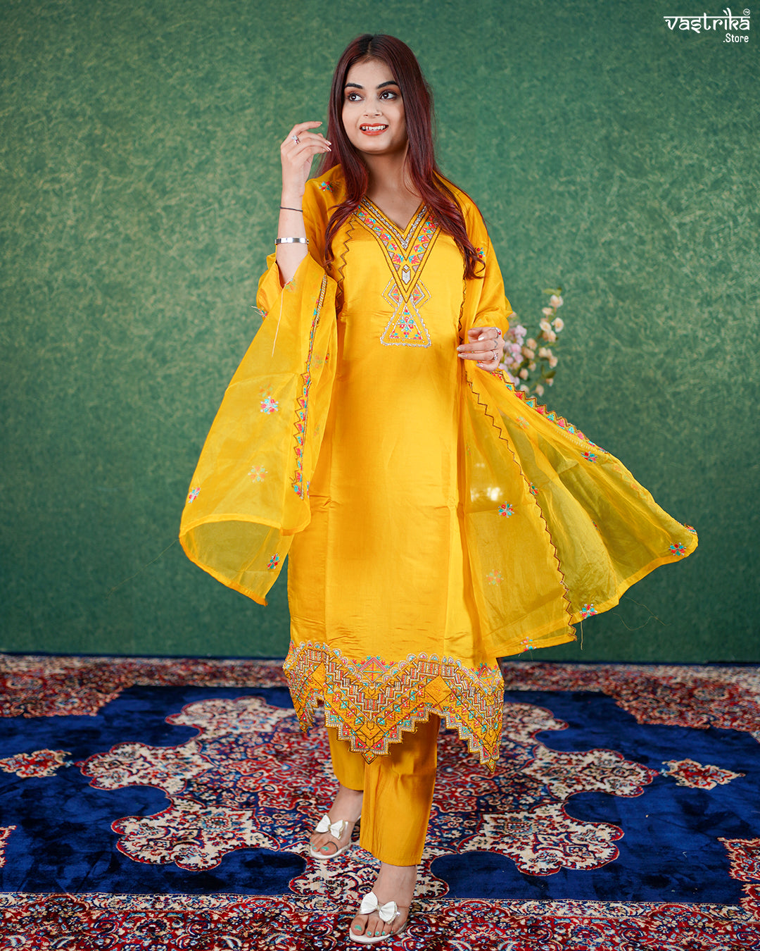 Mustard Roman Silk Kurti Set with Katdana & Thread Work