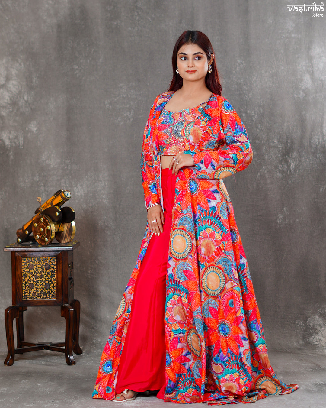 Maslin Crop Top with Flapper, Shrug & Crape Palazzos