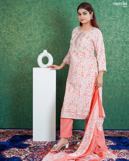 Orange Cotton Printed Kurti Set with Jari Work