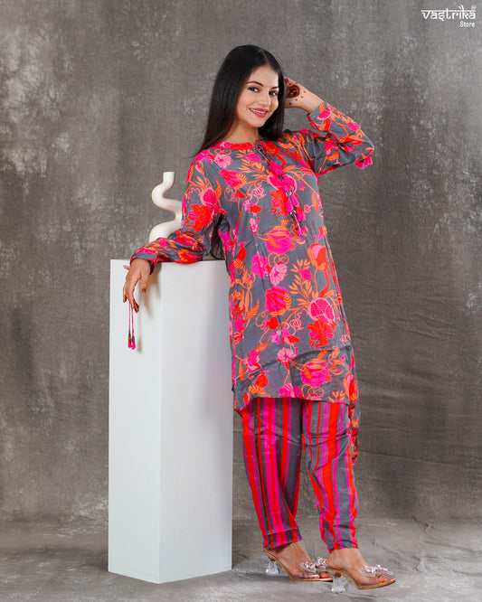 Maslin Silk Kurti Set with Dori & Print Detailing