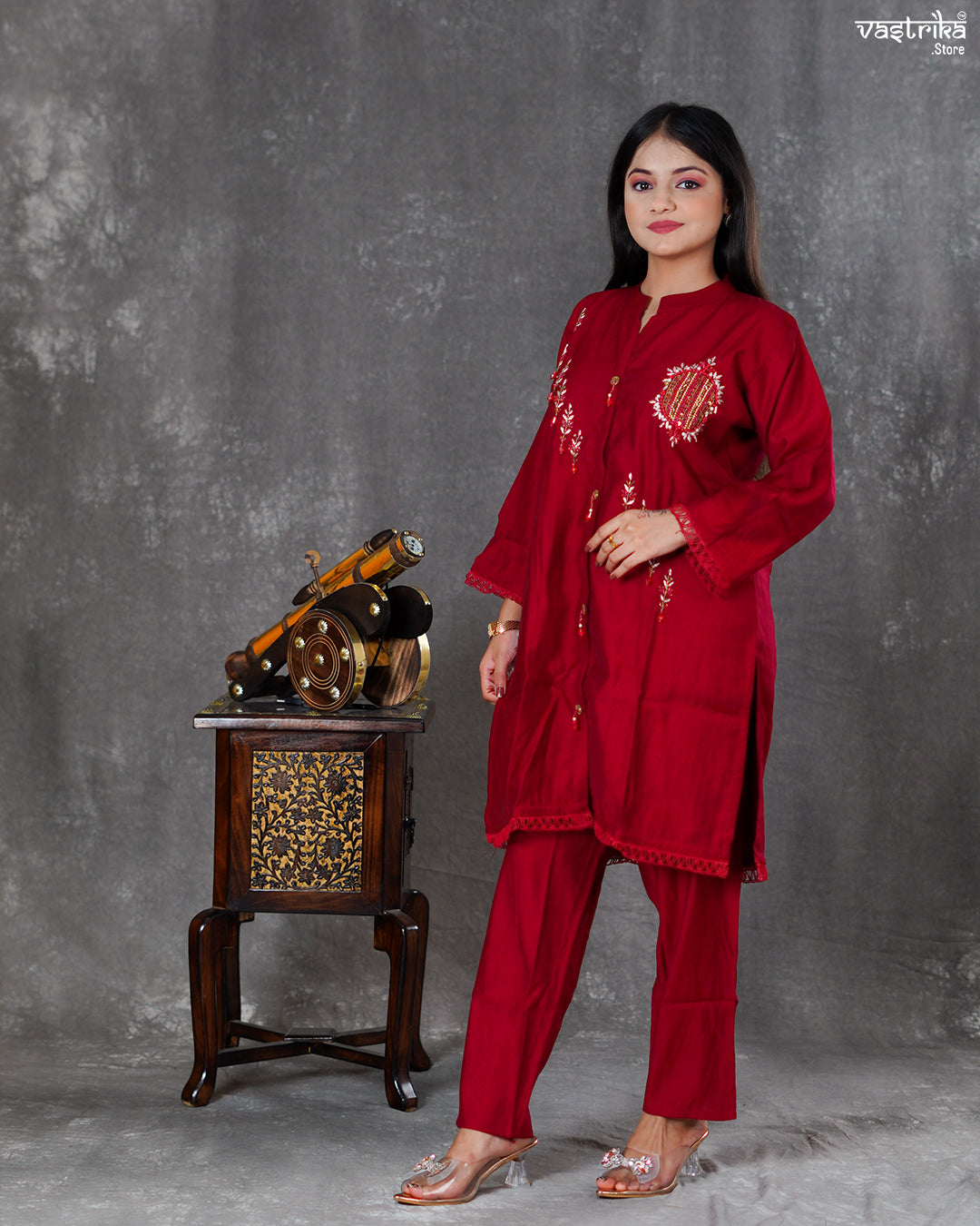 Maroon Silk Coord Set with Handworked Collar