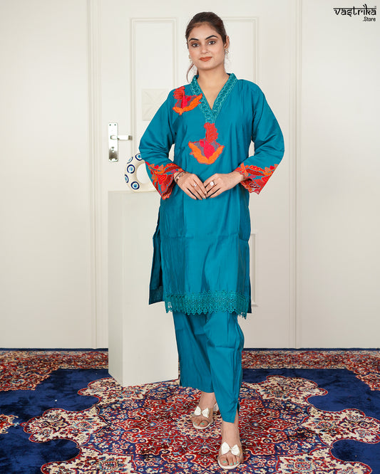 Firozi Roman Silk Coord Set with Thread Work