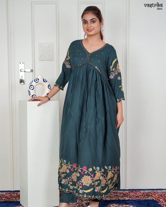 Bottle Green Ryon Cotton Aalia Cut Frock Set with Sequence & Resham Work