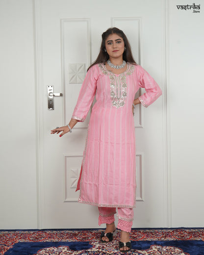 Hand Jari Thread Work Kurti Set with Lace Border Bottom