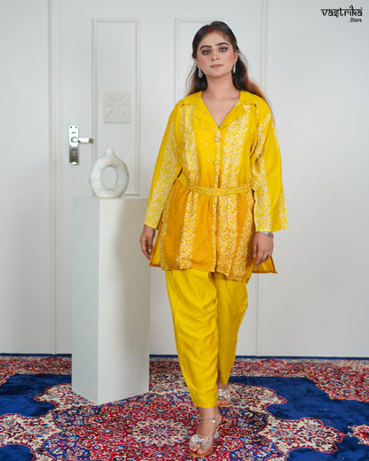 Yellow Silk Coord Set with Kadhai & Sequence Work