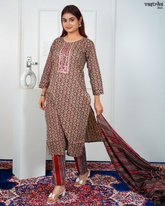 Brown Cotton Printed Kurti Set with Mirror & Thread Work