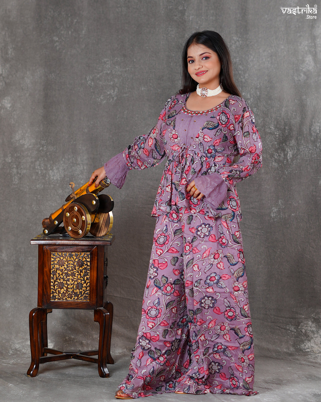 Purple Chinon Silk Short Top with Palazzo & Printed Shrug