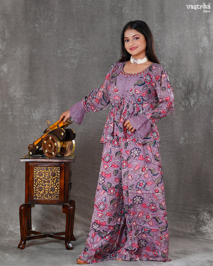 Purple Chinon Silk Short Top with Palazzo & Printed Shrug