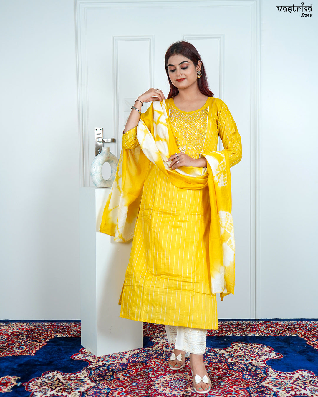 Yellow Chanderi Silk Kurti Set with Tie & Dye Dupatta