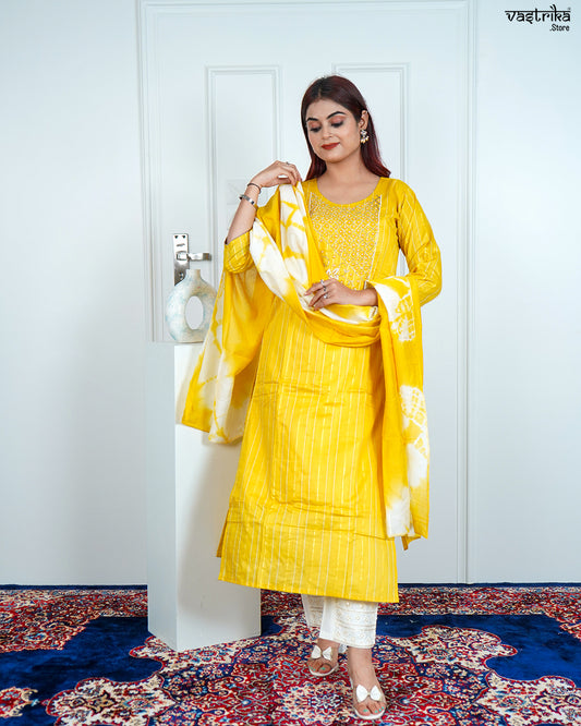 Yellow Chanderi Silk Kurti Set with Tie & Dye Dupatta