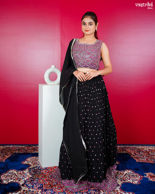 Black Georgette Crop Top with Skirt Set