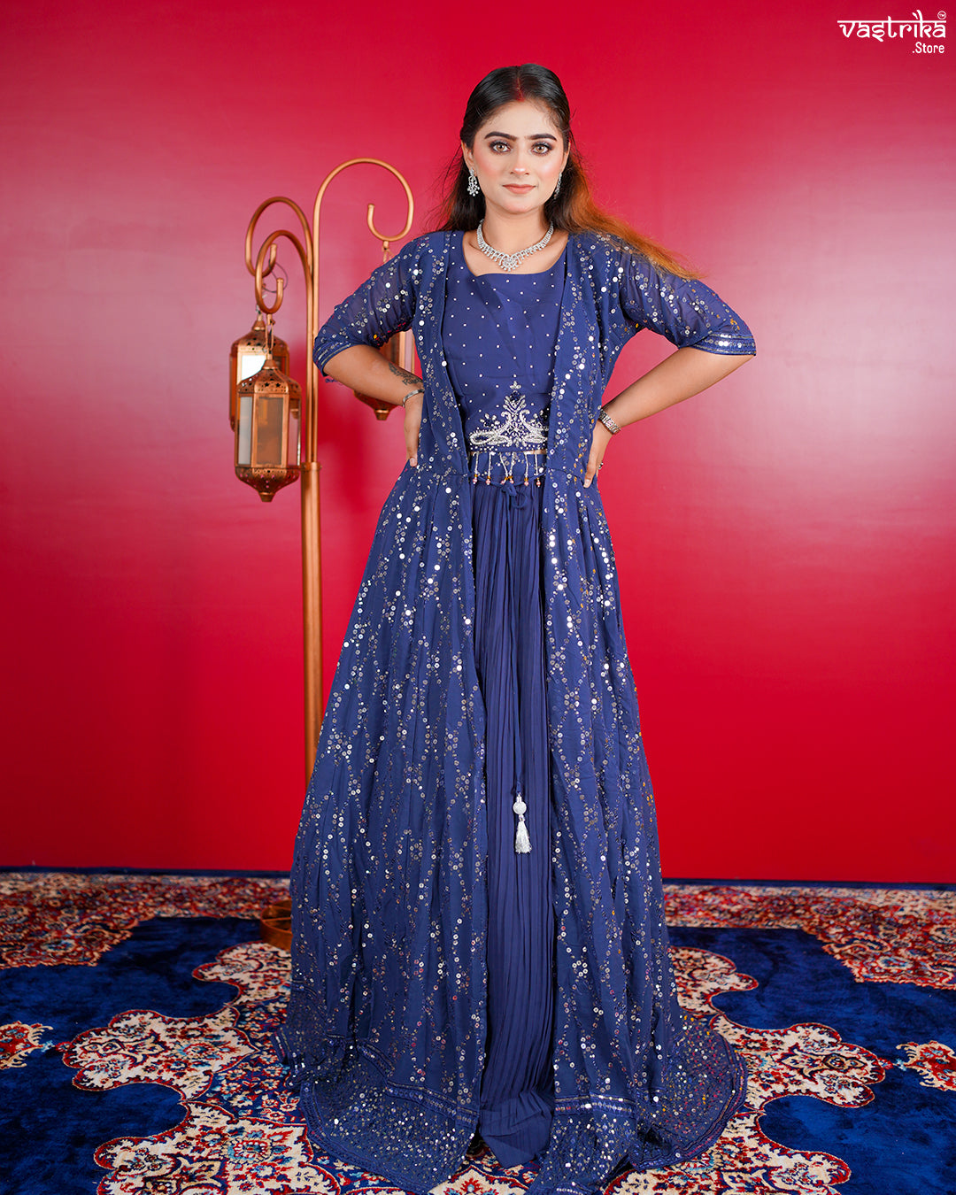 Grey Georgette Crop Top with Skirt and Shrug Set