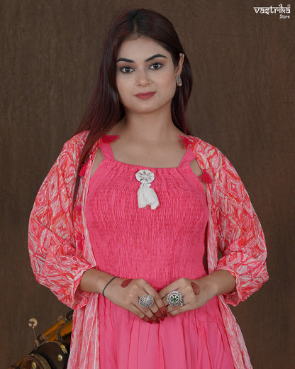 Elara Printed Frock & Handworked Georgette Shrug Set