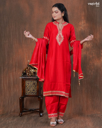 Silk Kurti Set with Jari & Sequin Work and Afghani Salwar