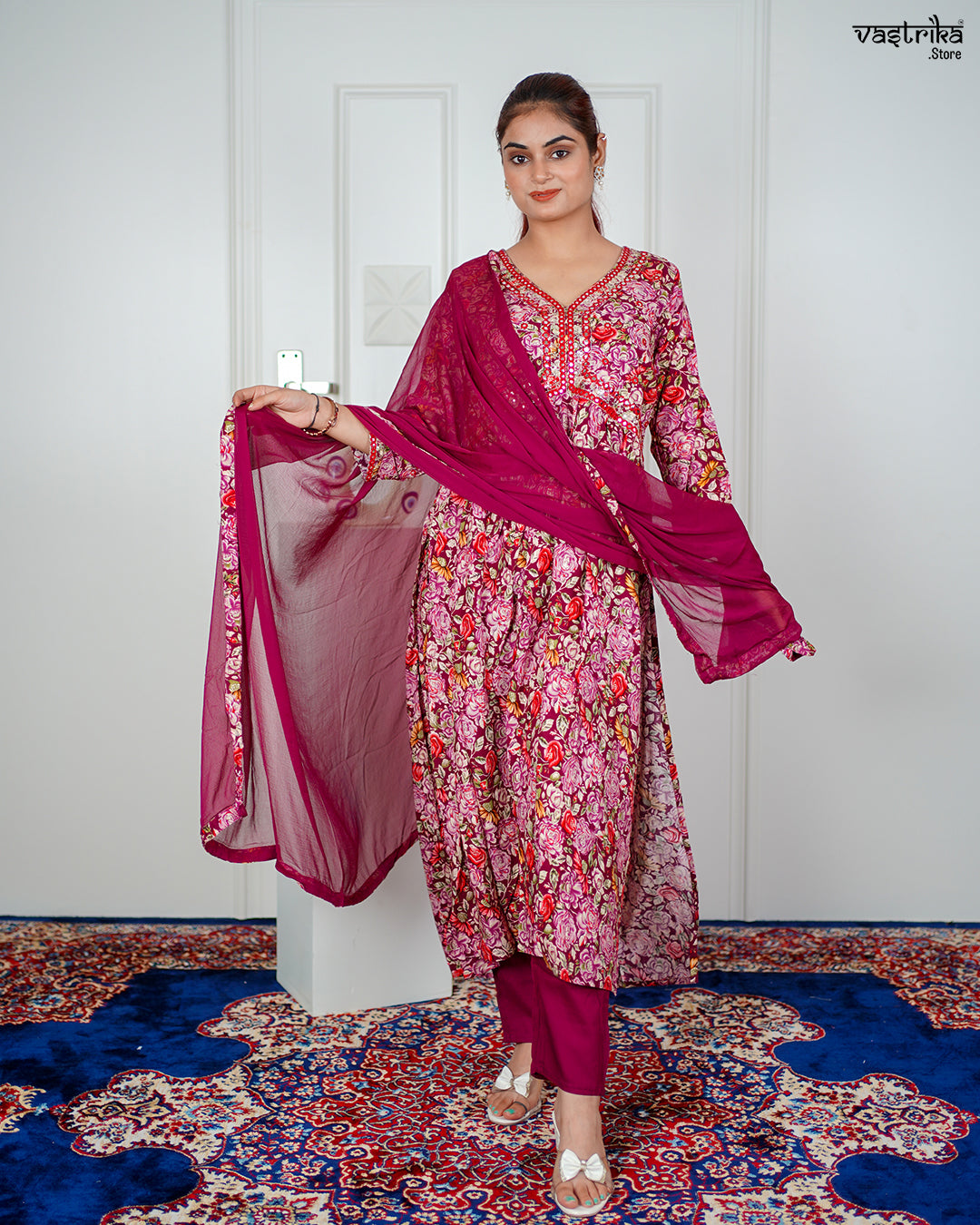 Wine Ryon Cotton Aalia Cut Frock Set with Sequence & Thread Work