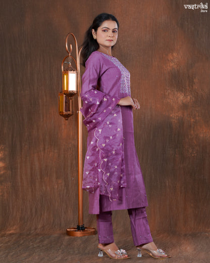 Cotton Kurti Set with Katdana & Handwork with Organza Dupatta
