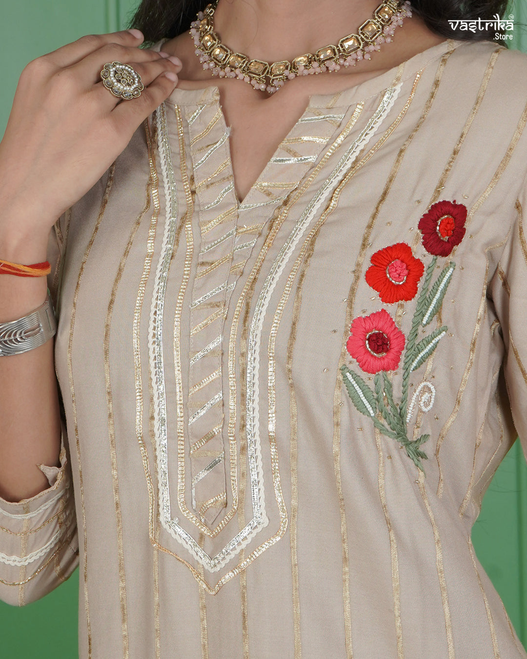 Jari & Handwork Kurti Set with Organza Dupatta