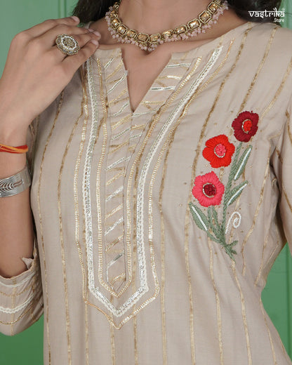 Jari & Handwork Kurti Set with Organza Dupatta
