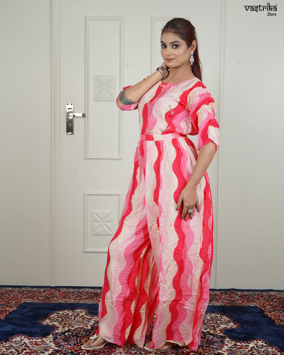 Multicolour Handworked Santoon Jumpsuit with Belt