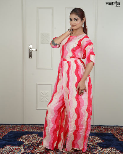 Multicolour Handworked Santoon Jumpsuit with Belt