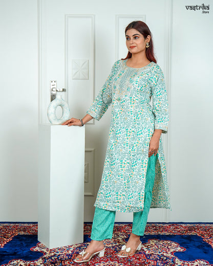 Sea Green Cotton Printed Kurti Set with Jari Work