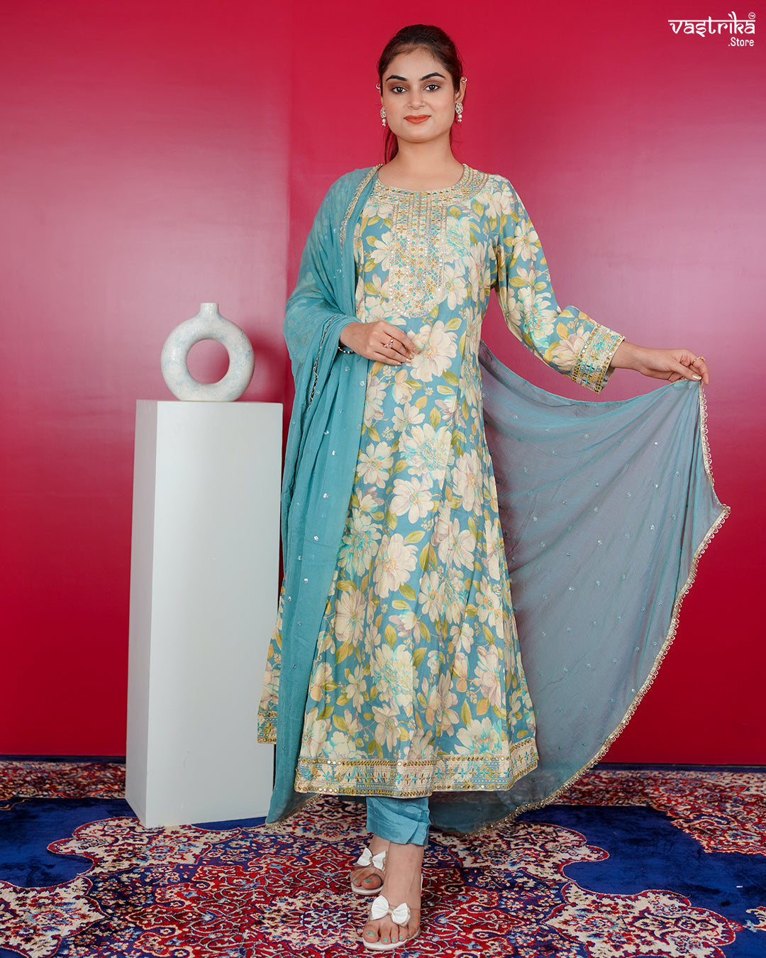 Firozi Maslin Frock Set with Jari & Sequence Work