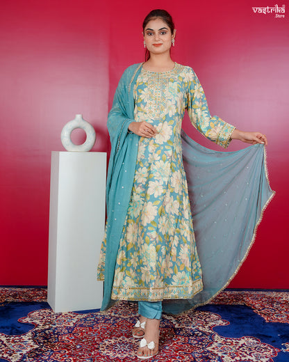 Firozi Maslin Frock Set with Jari & Sequence Work