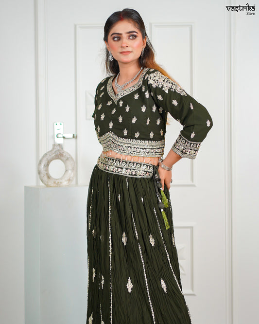 Mehndi Georgette Crop Top with Skirt Set