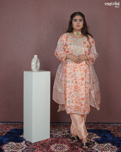 Straight Jari Work Kurti Set with Organza Dupatta