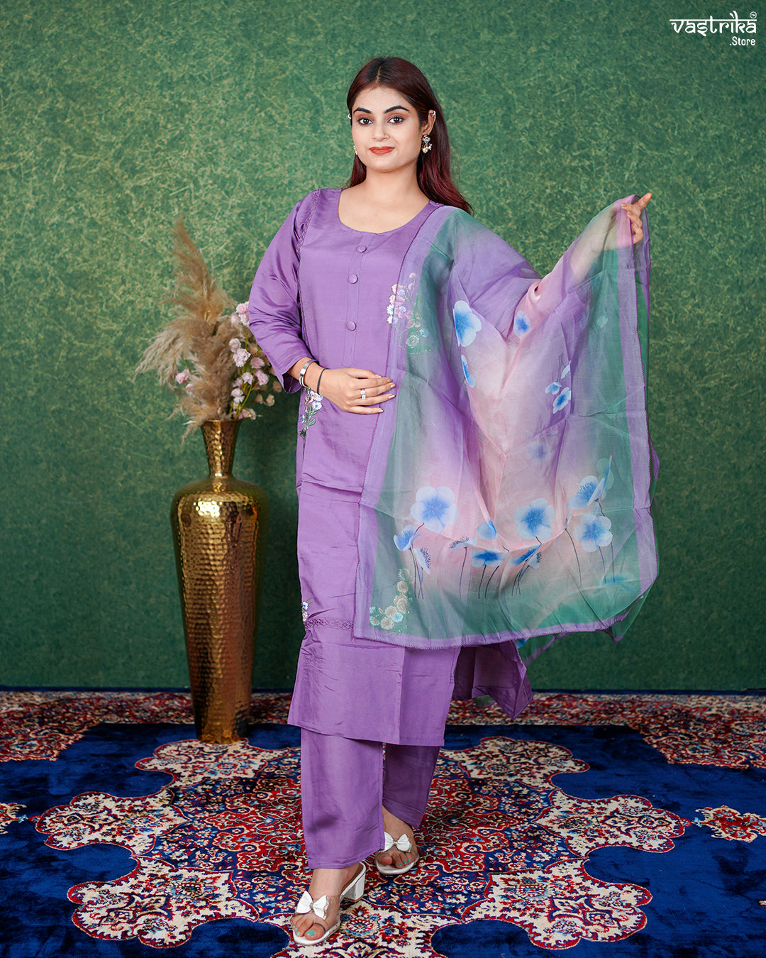Purple Roman Silk Kurti Set with Thread & Handwork