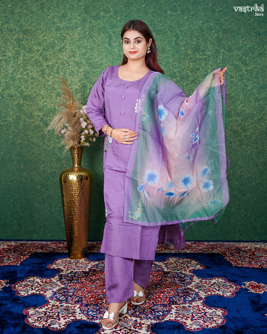 Purple Roman Silk Kurti Set with Thread & Handwork