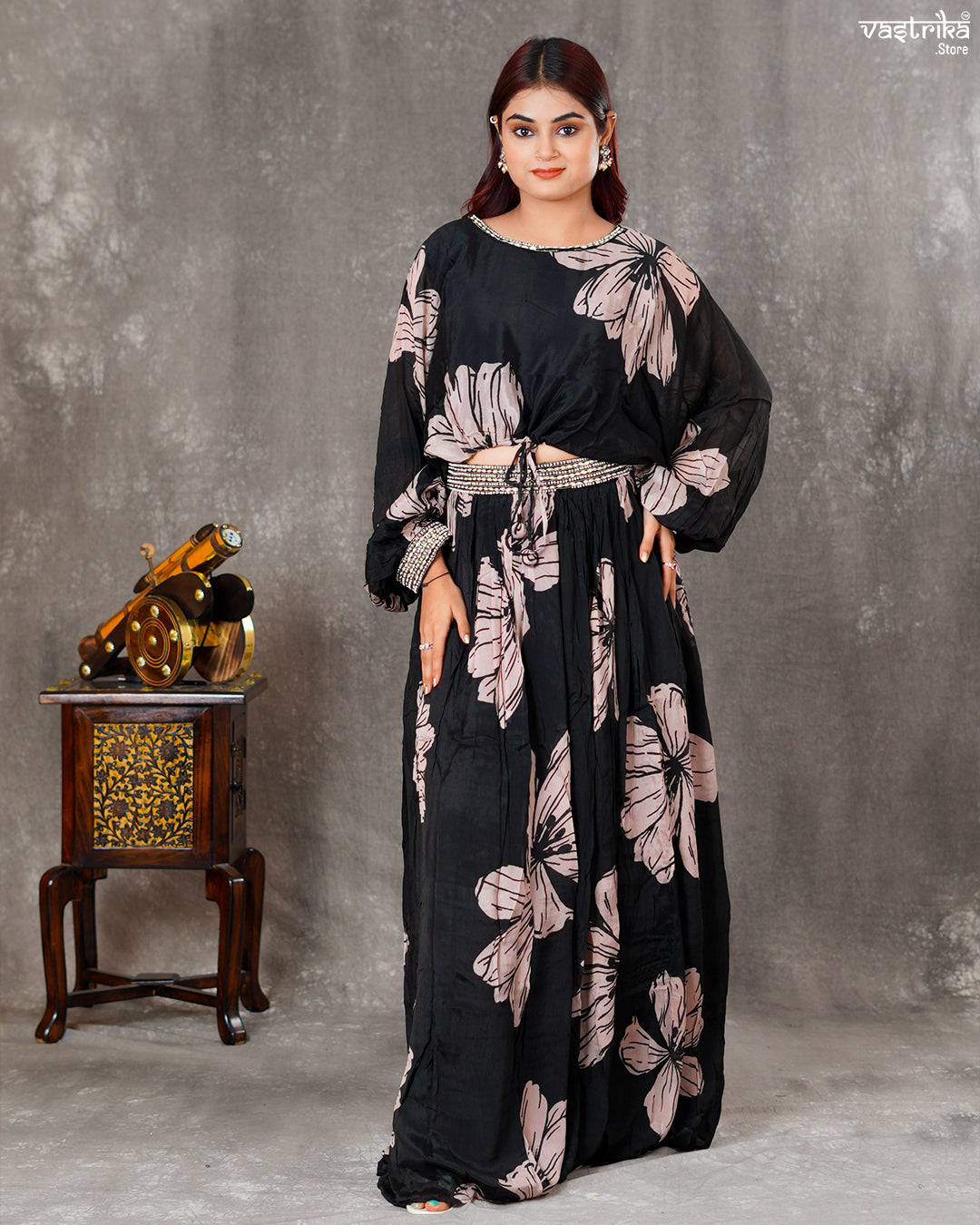 Black Chiffon Short Top with Skirt – Digital Print & Handwork