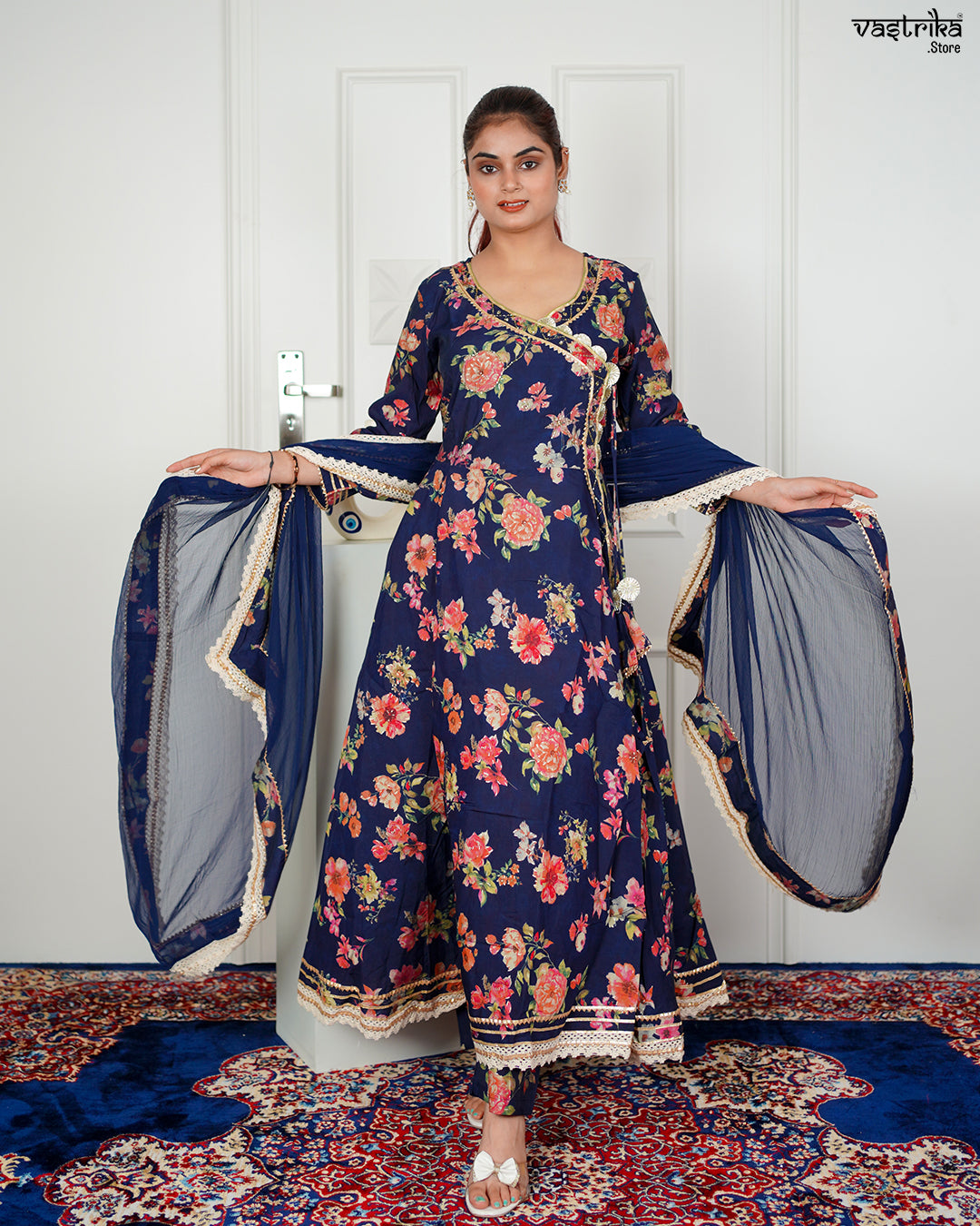 Navy Maslin Angrakha Frock Set with Gotti Pata Work