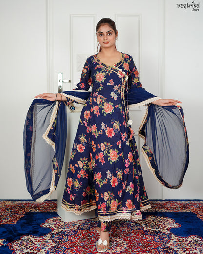 Navy Maslin Angrakha Frock Set with Gotti Pata Work