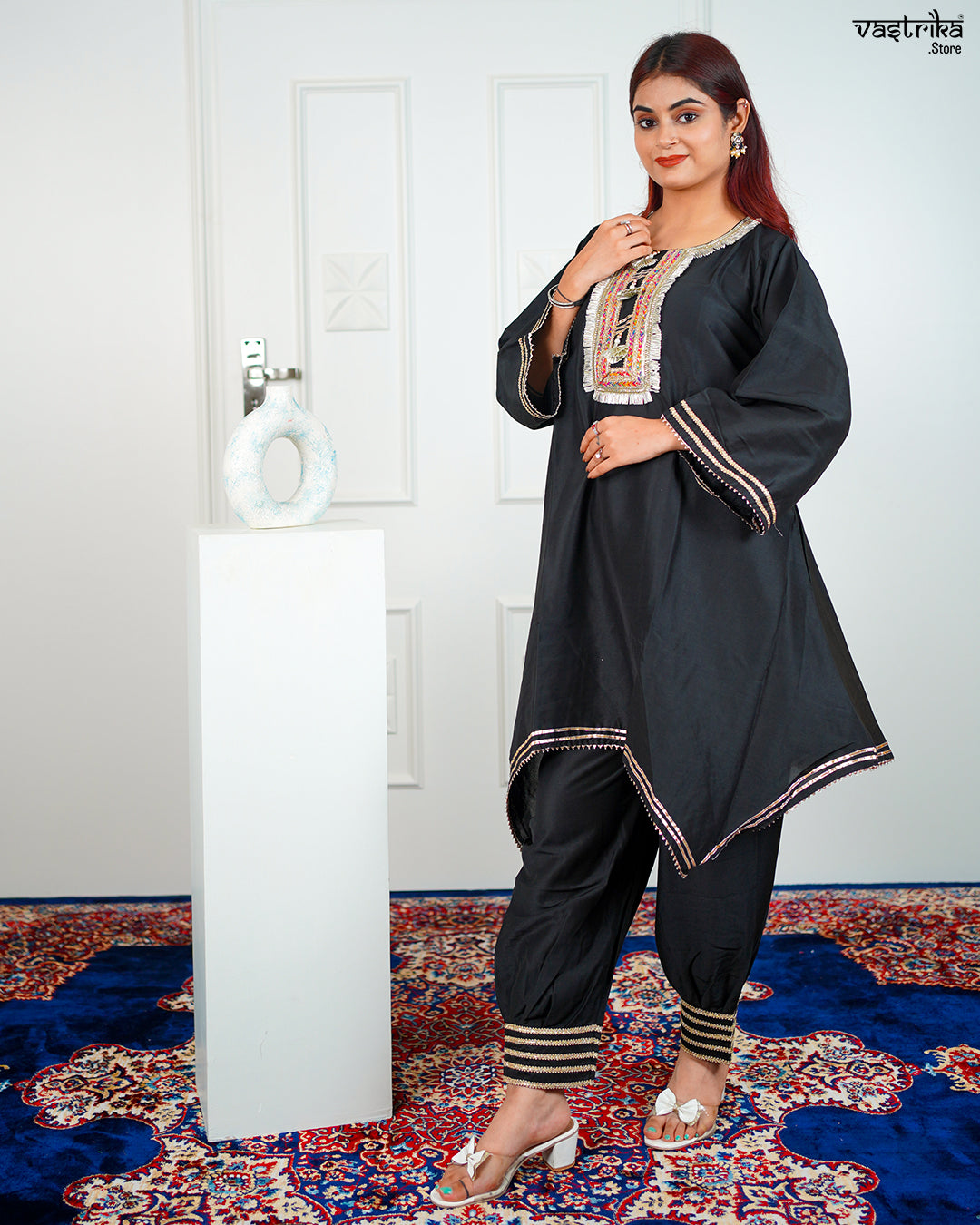 Black Roman Silk Kurti Set with Lace Work