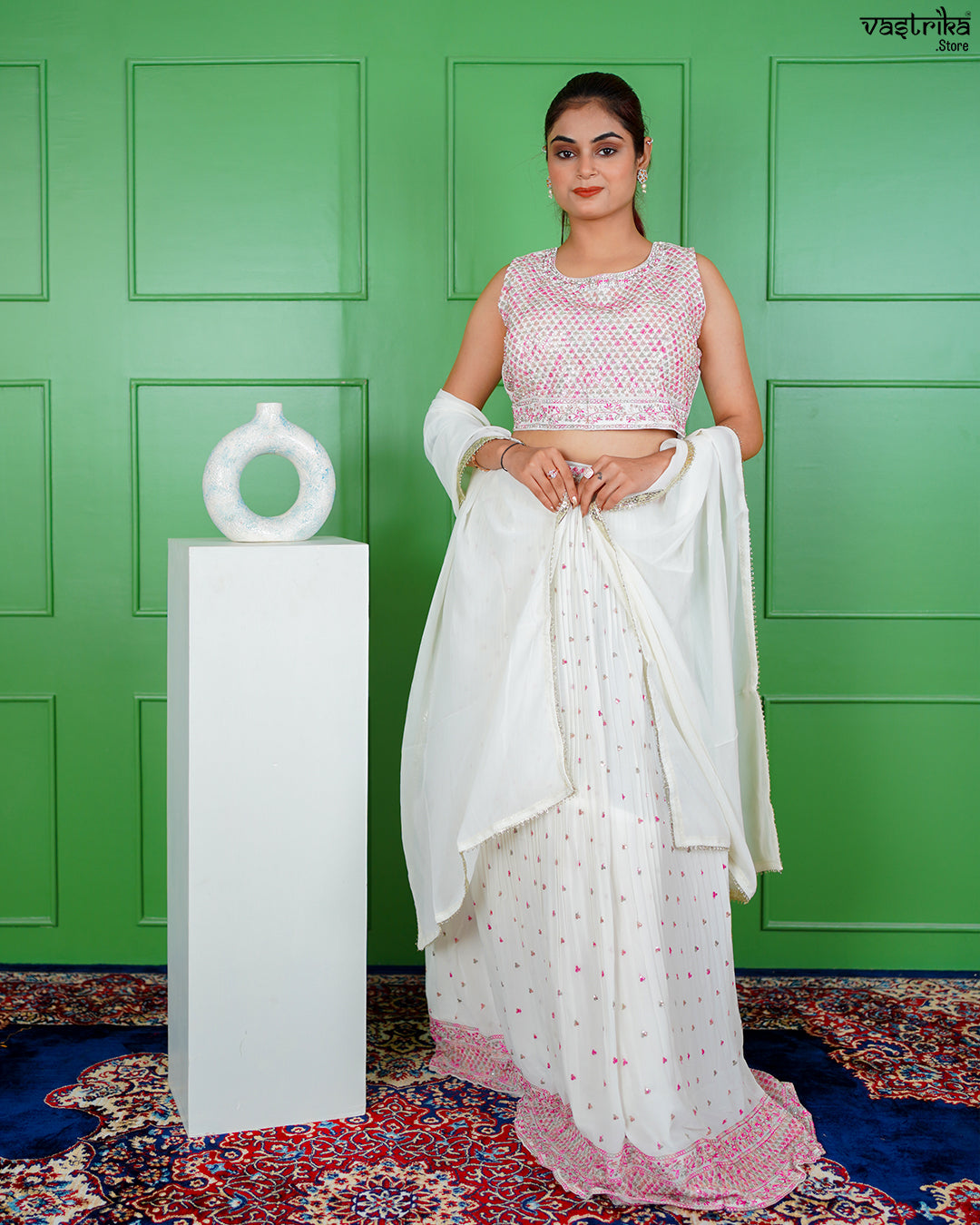 Off-White Georgette Crop Top with Skirt Set